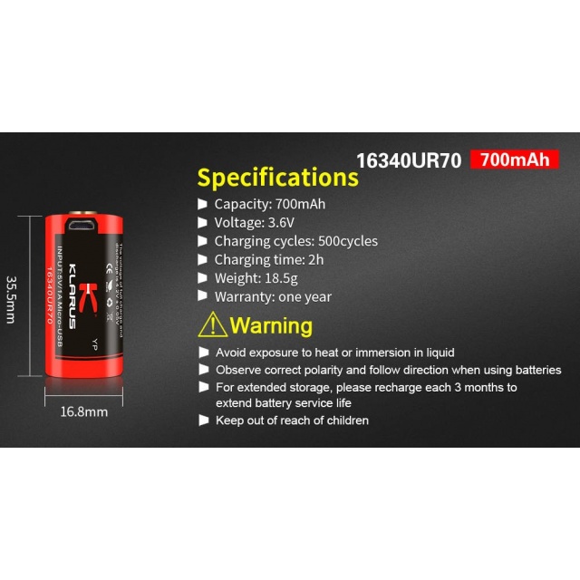 Klarus 16340 700mAh - Acumulator RCR123 Micro-USB Klarus - 11